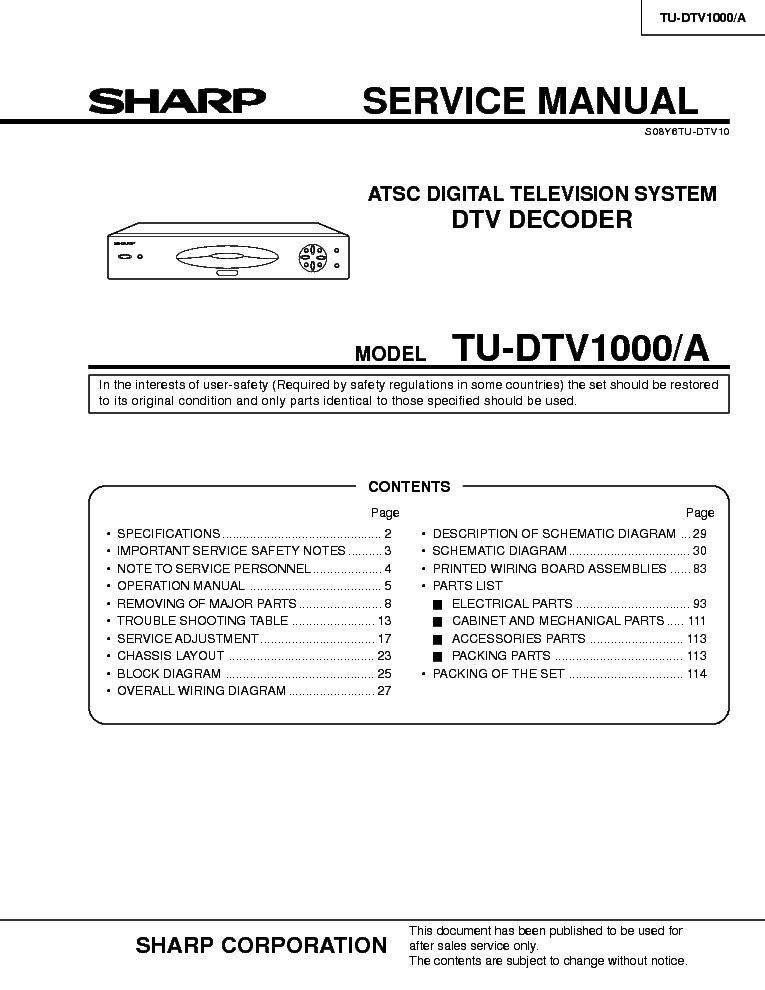 SHARP TU-DTV1000[A] service manual (1st page)